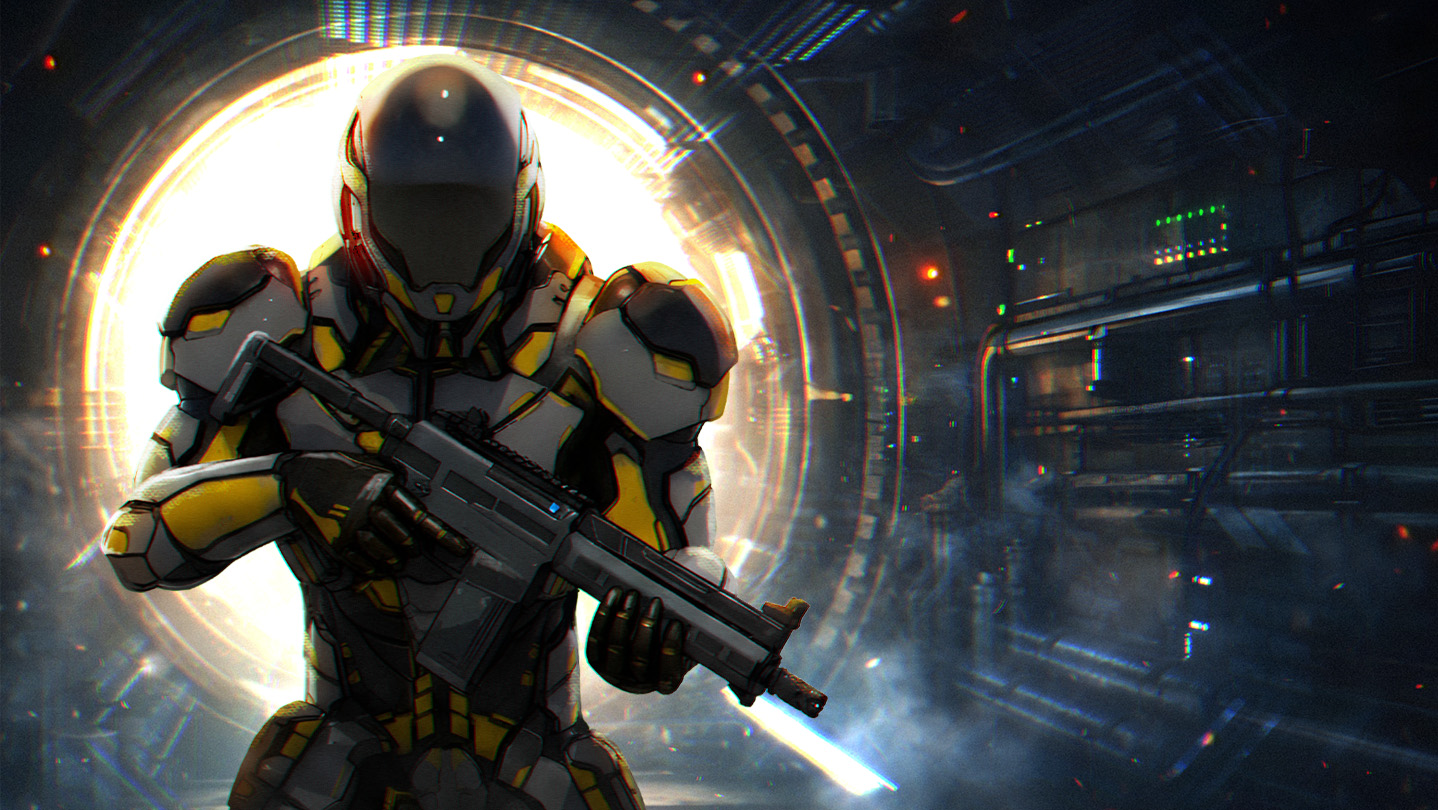Armoured character inside a derelict space station in Exfil Void